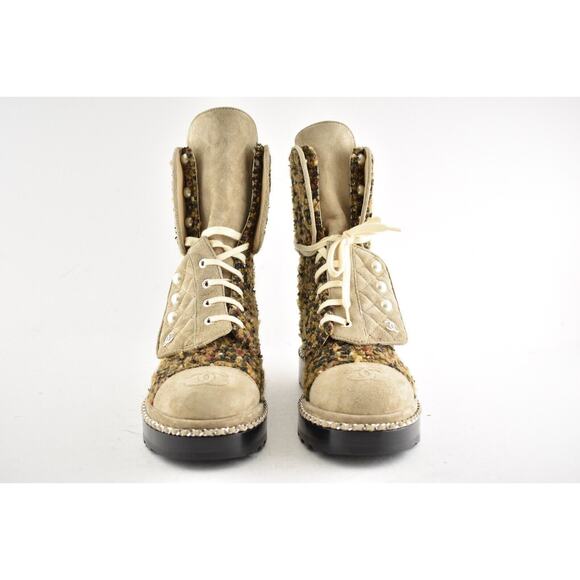 Chanel 18K Citizen Brown Beige Green Tweed CC Chain Pearl Combat Tall Boots 34.5 - Picture 4 of 12